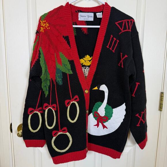 Sharon Young Vintage Holiday Cardigan Sweater Swan Poinsettia Ornament Black Red - Picture 10 of 10